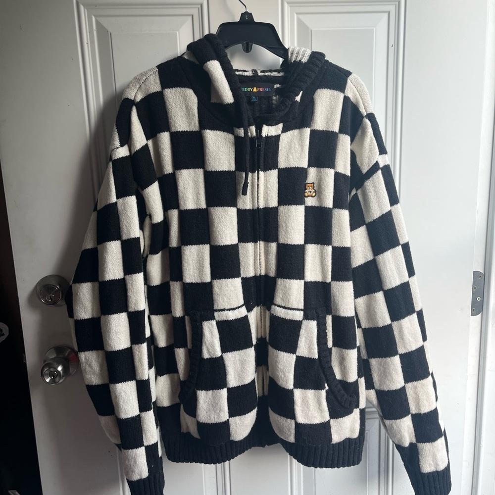 Checkered Black and White Hooded Zip Up Sweater